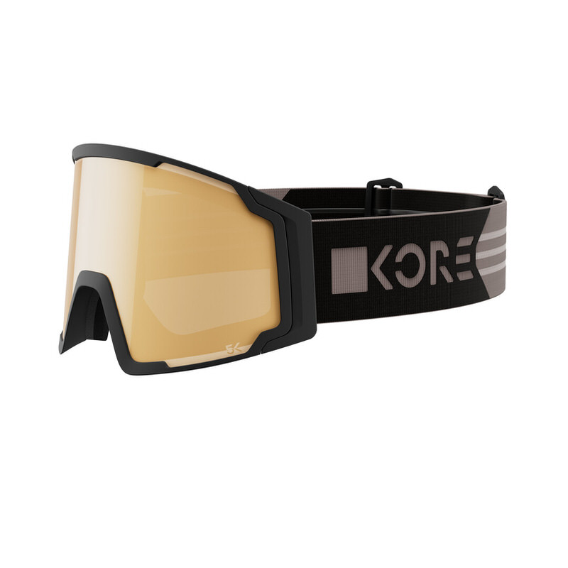 Head Neves Pro 5K Kore L Skibrille, frontal, mit orangefarbenen Gläsern und schwarzem Rahmen. Das Band ist schwarz mit grauem "KORE"-Schriftzug.