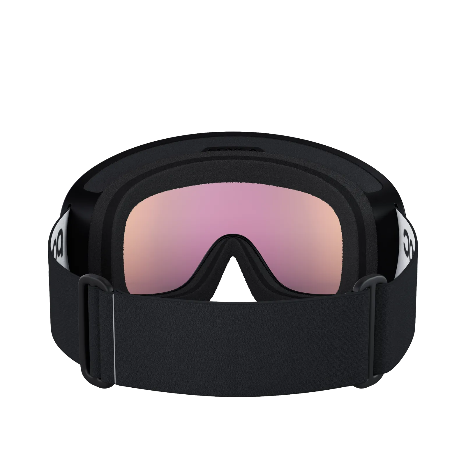 Black POC Fovea Clarity ski goggles with partly sunny lens from behind, with wide, adjustable strap.
