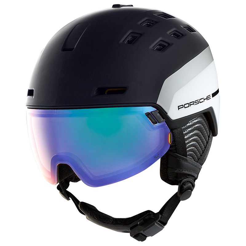 Schwarzer Porsche Radar 5K Photo Mips Skihelm mit blau-schimmerndem Visier und weißen Akzenten.