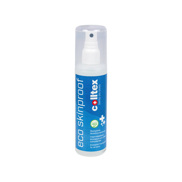 Colltex Eco Skinproof Sprayflasche mit durchsichtigem Deckel, blau-weisses Etikett.
