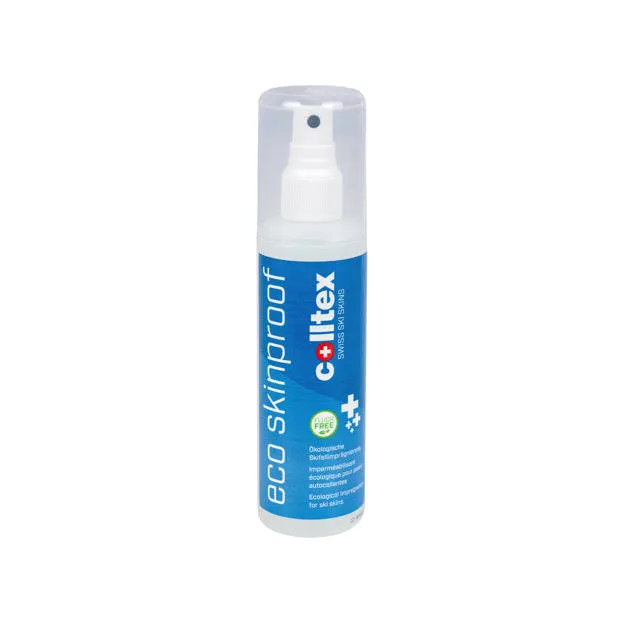 Colltex Eco Skinproof Sprayflasche mit durchsichtigem Deckel, blau-weisses Etikett.