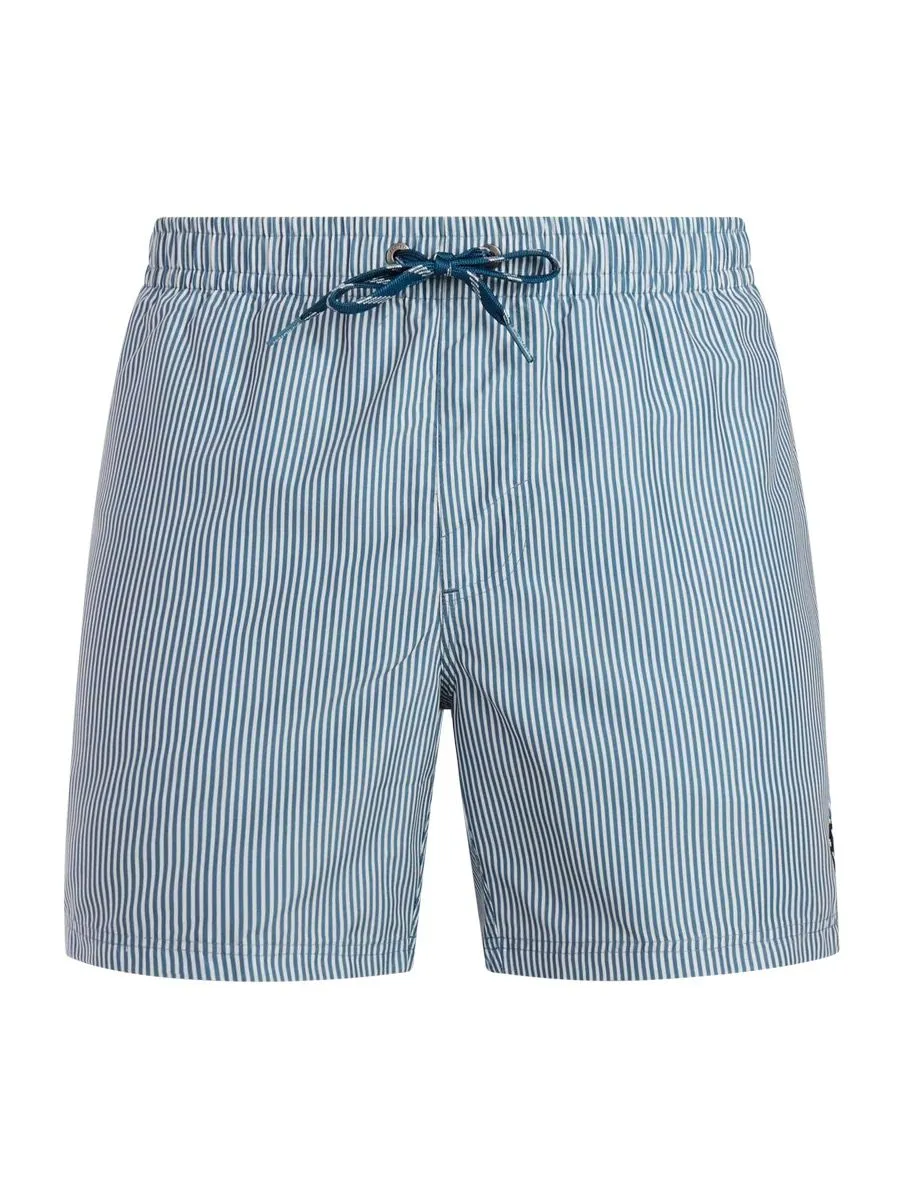 Pantaloncini da bagno a righe blu e bianche con cordoncino blu scuro su sfondo bianco.