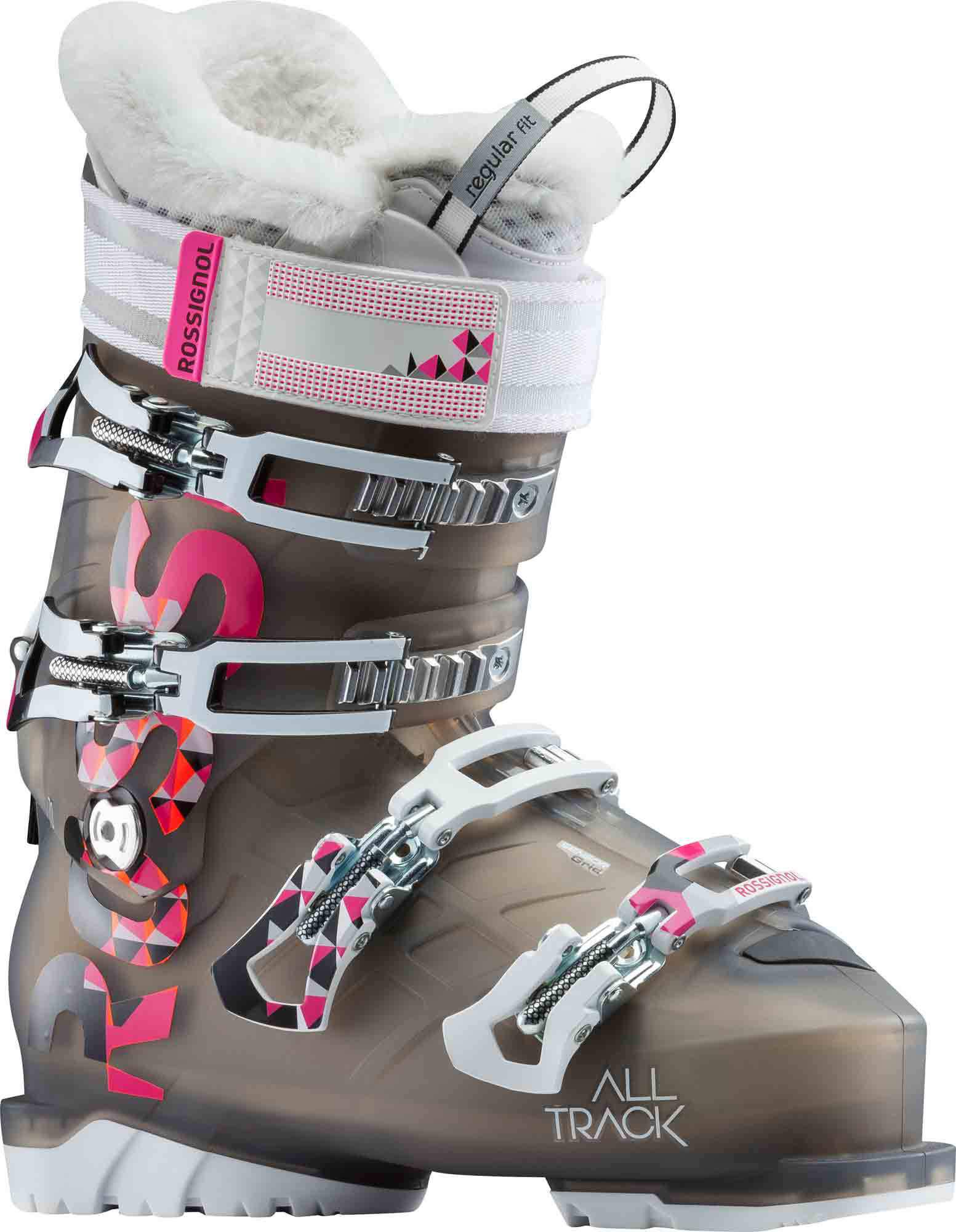 Damen Alltrack 70 W Light Skischuh in Grau mit weißen Schnallen und Details in Pink. Innenschuh mit Fellrand.