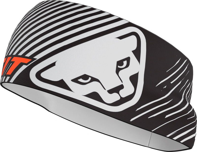 Dynafit Performance Stirnband Schwarzes Dynafit Performance Stirnband mit Streifen, Logo und weißem Raubkatzenkopf.