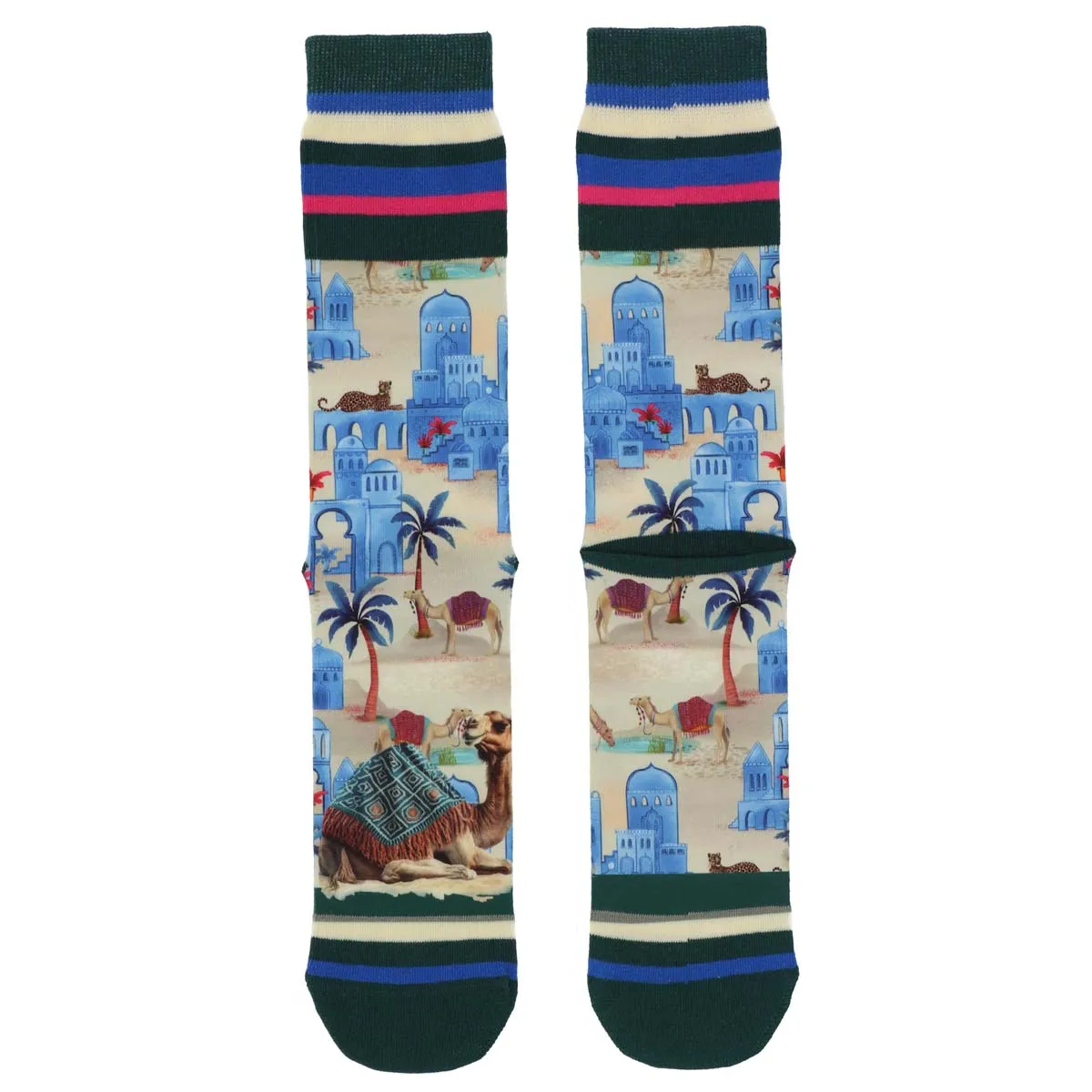 XPOOOS Oasis men's socks with desert motif: camels, palm trees and blue buildings on beige socks.