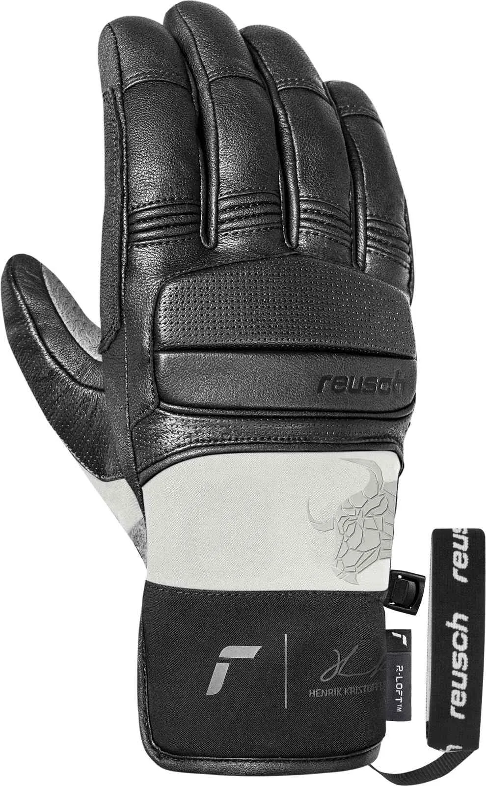 Guanto in pelle nera Reusch con logo del marchio e testa di bufalo argentata su tessuto chiaro.