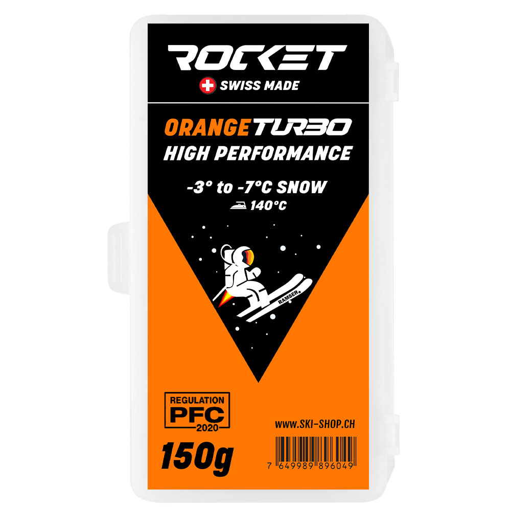 Verpackung des Rocket High Performance HF Orange Skiwachs, 150g, mit Schneemann-Grafik und Temperaturbereich.