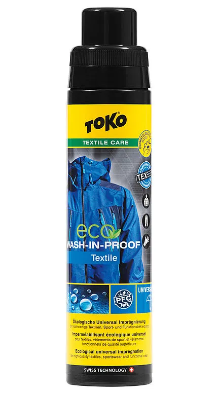 Toko Eco Wash-In Proof bottle with blue jacket image. Text: Ecological universal impregnation.