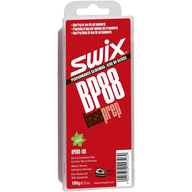 Verpackung von Swix BP88 Base Prep Wachs, rot-weißes Design, Ski- und Snowboardpflege.