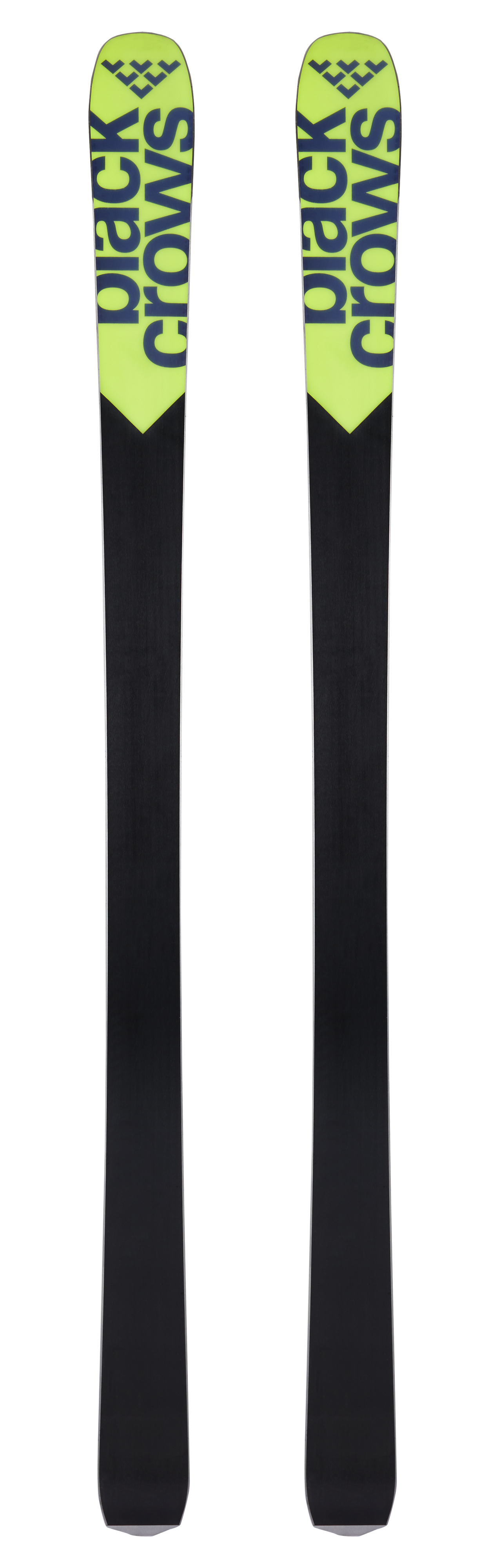 Deux Black Crows Orb Ski avec un design jaune et noir, debout sur un fond blanc.