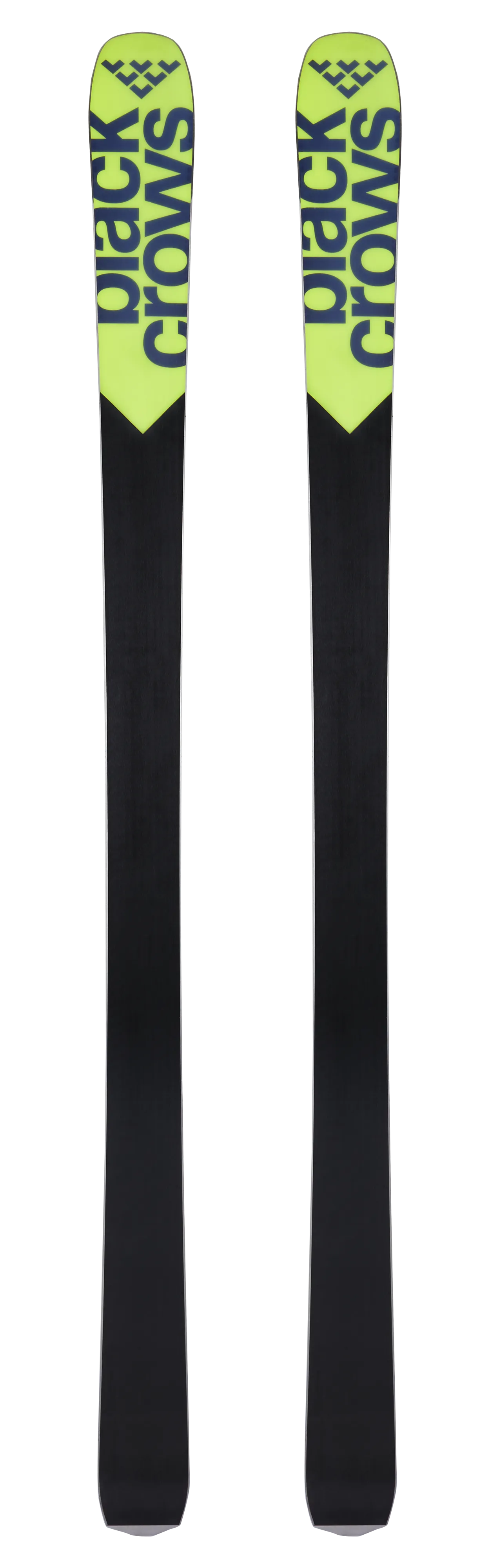 Deux Black Crows Orb Ski avec un design jaune et noir, debout sur un fond blanc.