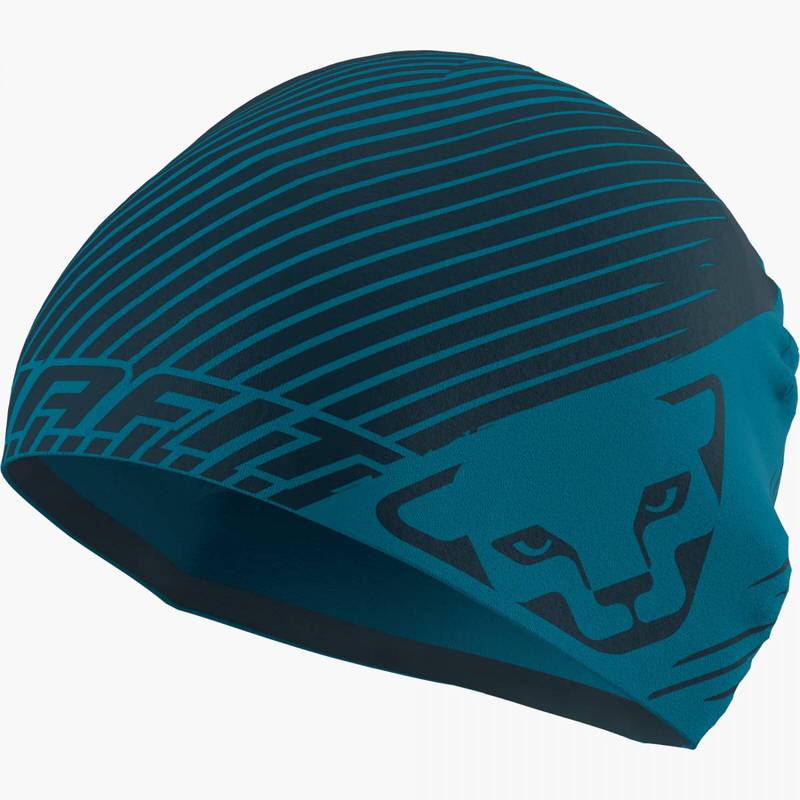 Turquoise Dynafit performance beanie with logo and stripe pattern.