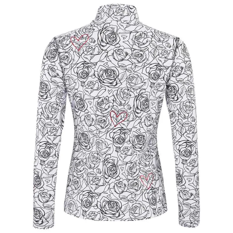White long-sleeve shirt with a stand-up collar, covered in a detailed pattern of black rose petals, leaves, and small hearts. A few striking red hearts are subtly integrated into the floral design.