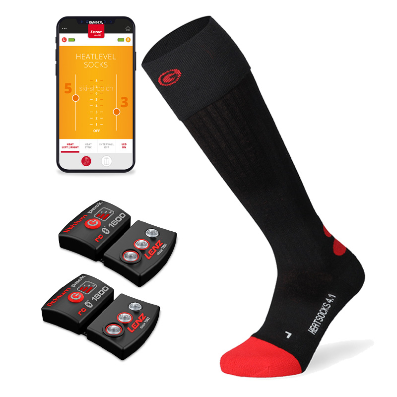 Lenz Heat Sock 4.1 Set: Schwarz-rote, knielange Heizsocke, zwei Akkus, Smartphone mit App zur Wärmeregulierung.