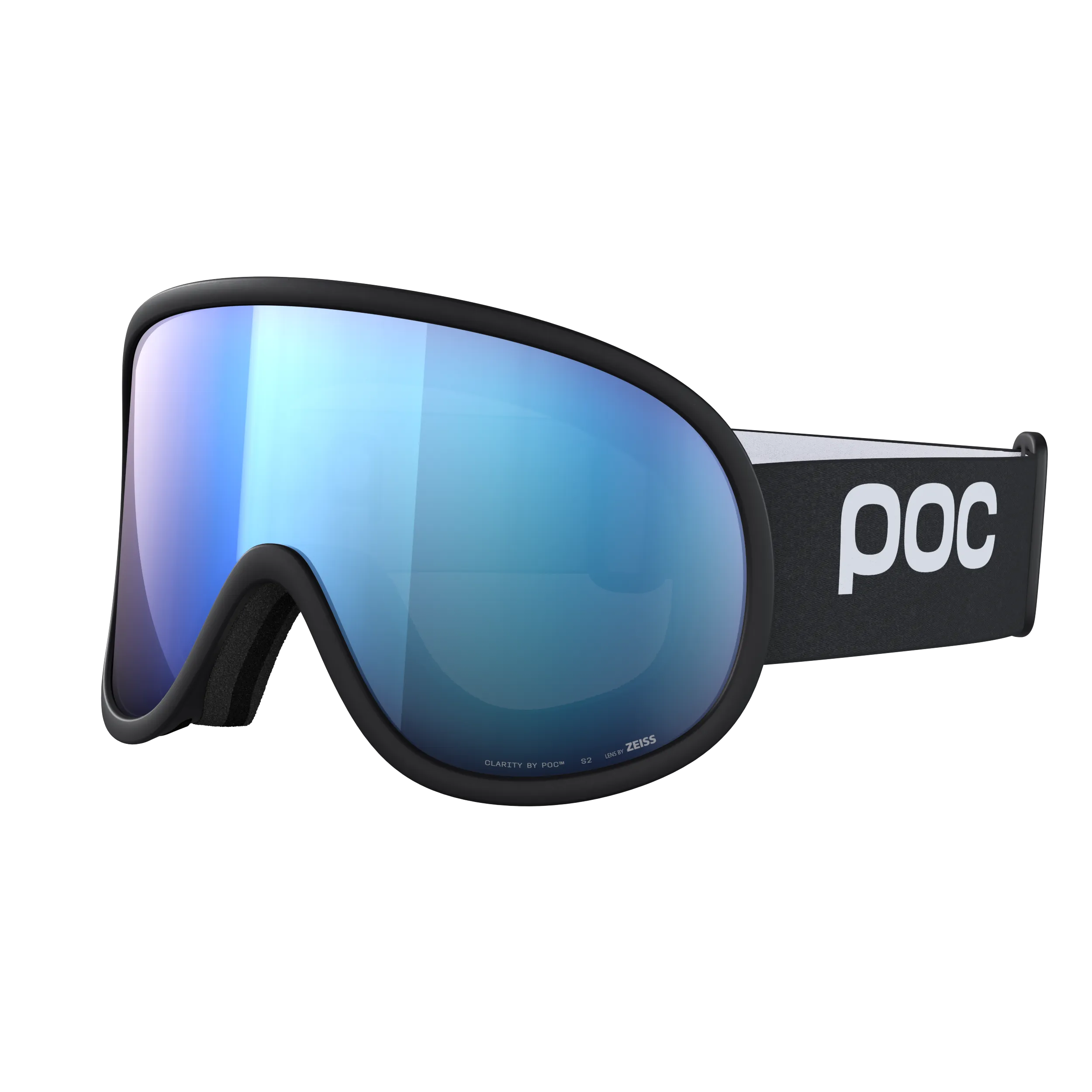 POC Retina ski goggles, Uranium Black frame, Partly Sunny Blue lens, side view.
