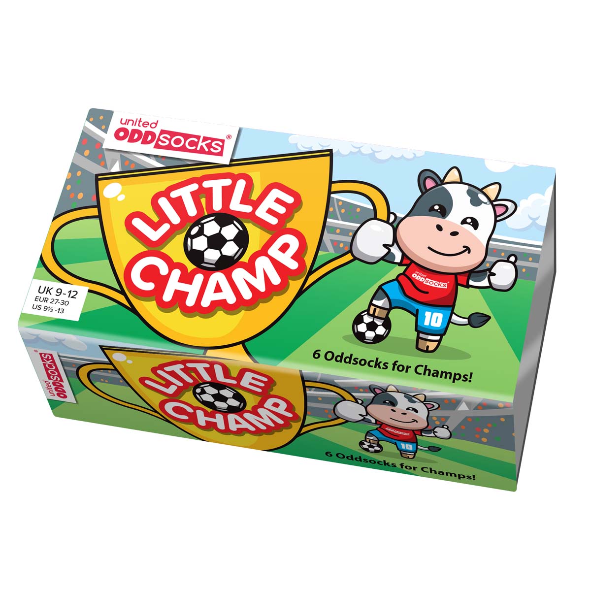 Verpackung Little Champ Oddsocks: Goldener Pokal mit Fußball, Kuh-Cartoonfigur mit Fußballtrikot.