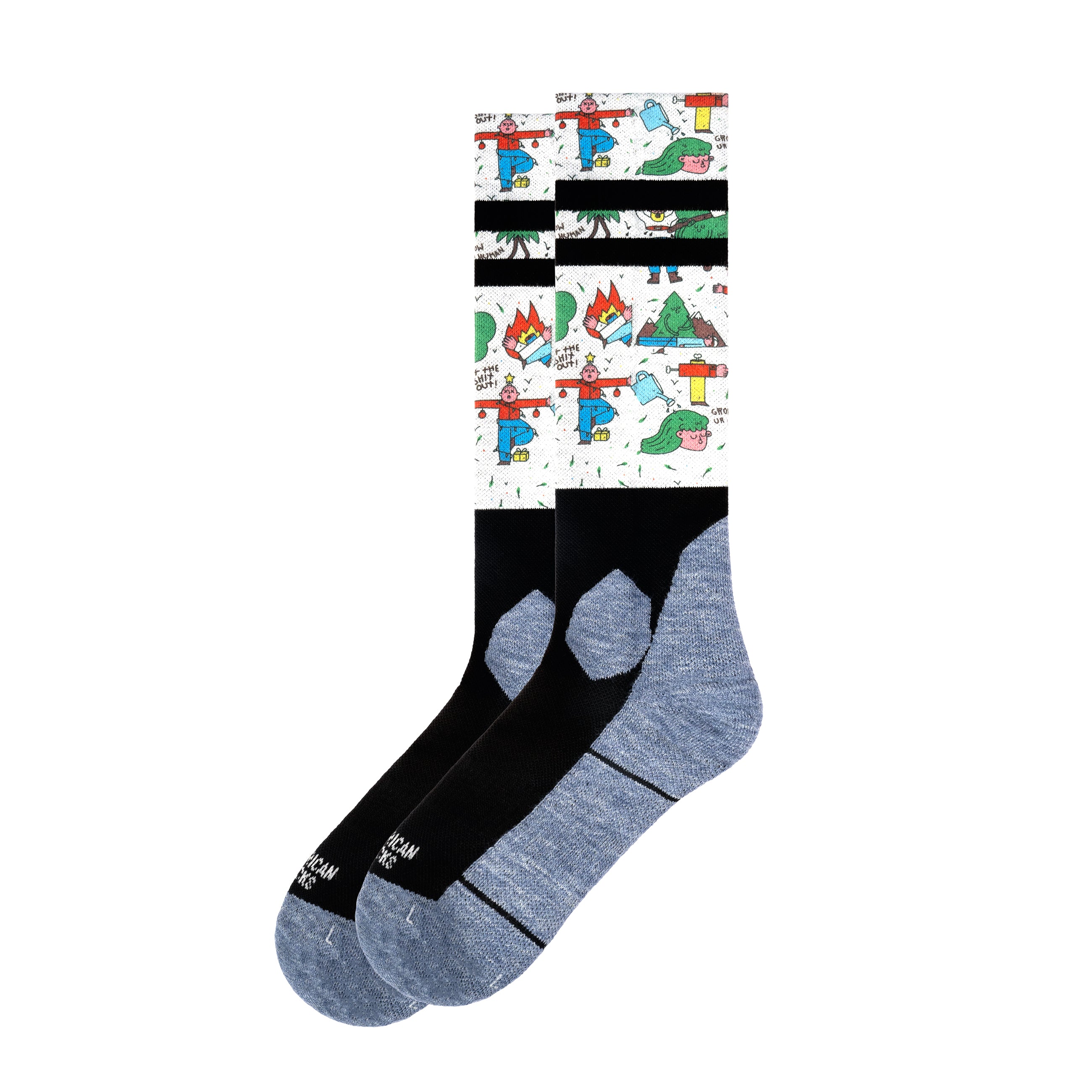 Comic Schnee Socken Kniehohe Snow Socks mit Comic-Zeichnungen auf weißem Grund und grau-schwarzem Fußteil.