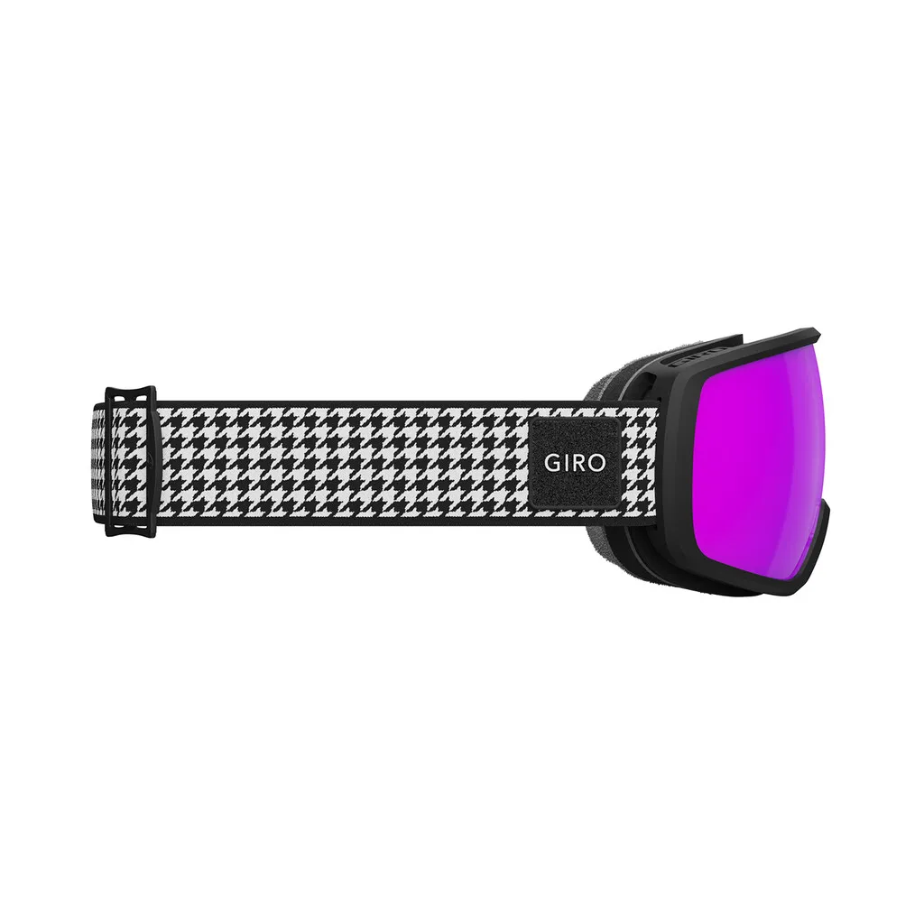 Giro Balance II Skibrille, Seitenansicht. Schwarz-weißes Hahnentrittmuster am Band, pinke Linse.