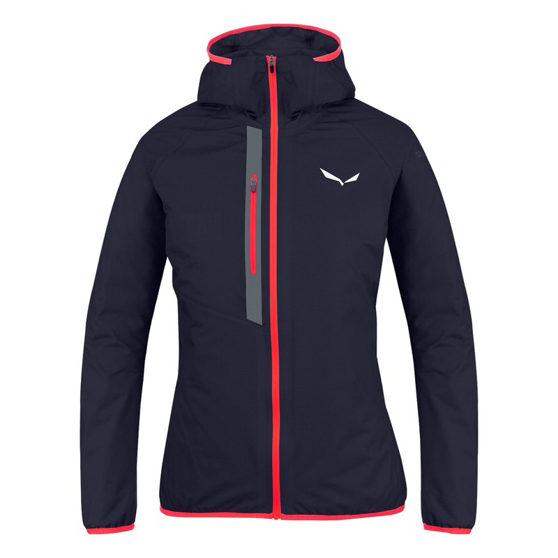 Veste bleu foncé Salewa Puez Light Powertex avec capuche et détails rouges.