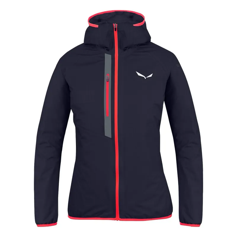 Dark blue Salewa Puez Light Powertex jacket with hood and red details.