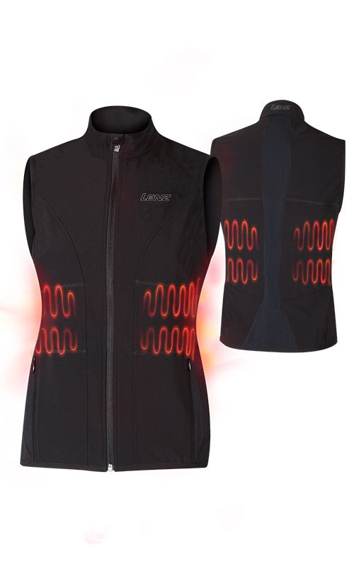Schwarze Lenz Heat Vest 1.0 Women mit Reißverschluss. Rote Heizelemente im Nieren- und Rückenbereich sind dargestellt.