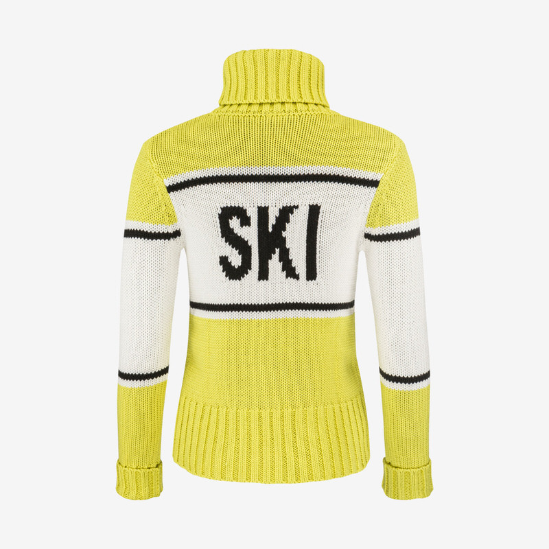 Rückansicht des Head Rebels Coco Pullovers in Lime/White mit "SKI"-Aufschrift. Strickmuster, Rollkragen.