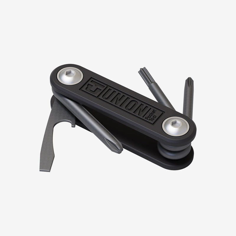 Schwarzes Union Pocket Tool mit Schraubendrehern und Flaschenöffner.