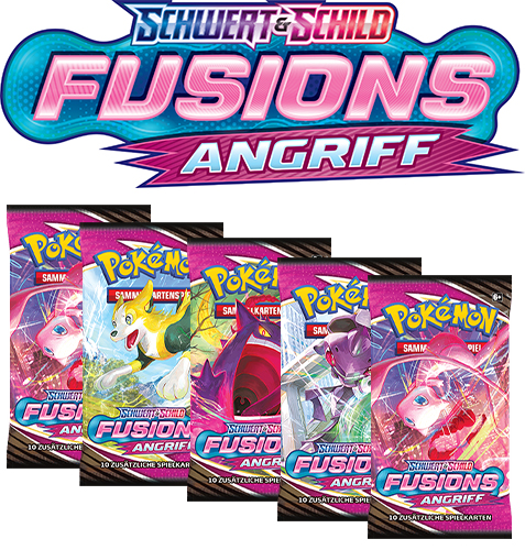 Pokémon-Sammelkarten: Vier Boosterpacks der Edition Schwert & Schild – Fusionsangriff mit verschiedenen Pokémon-Motiven.