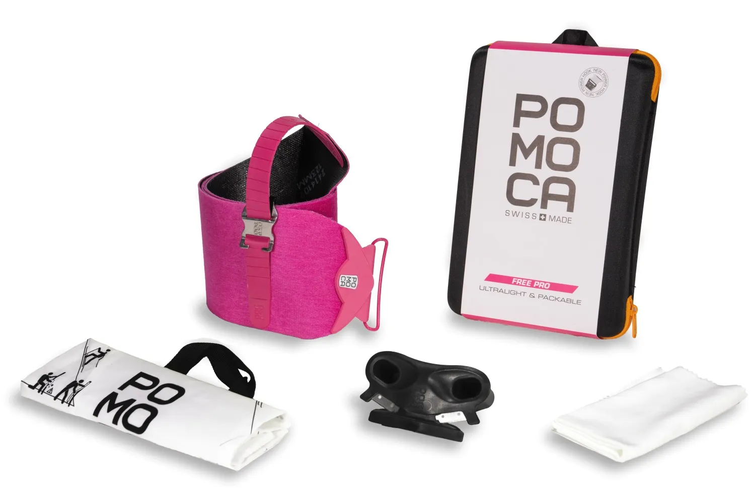 The picture shows various Pomoca ski skin accessories, including pink skin holder, cutting tool and storage bag.
