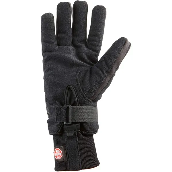 Gant de ski de fond noir, paume vers le haut, avec fermeture velcro au poignet et logo Windstopper sur le poignet.