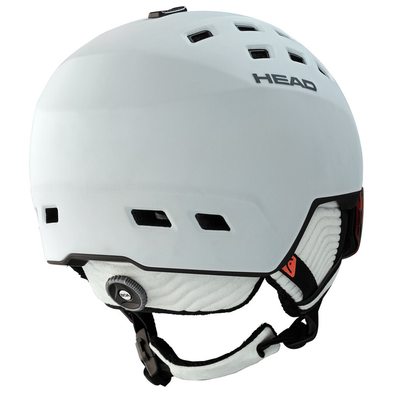 Weißer Skihelm "Head Rachel Pola" mit Belüftung, Größenverstellung und Kinnriemen.
