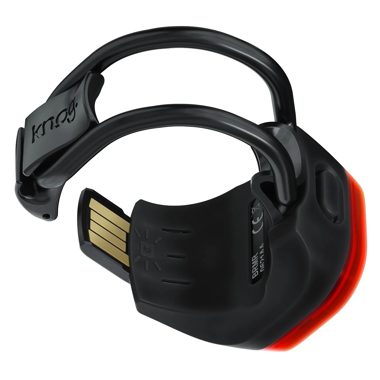 Schwarzes Mini Skull Rücklicht mit Silikonband und integriertem USB-Anschluss. Rücklicht leuchtet rot.