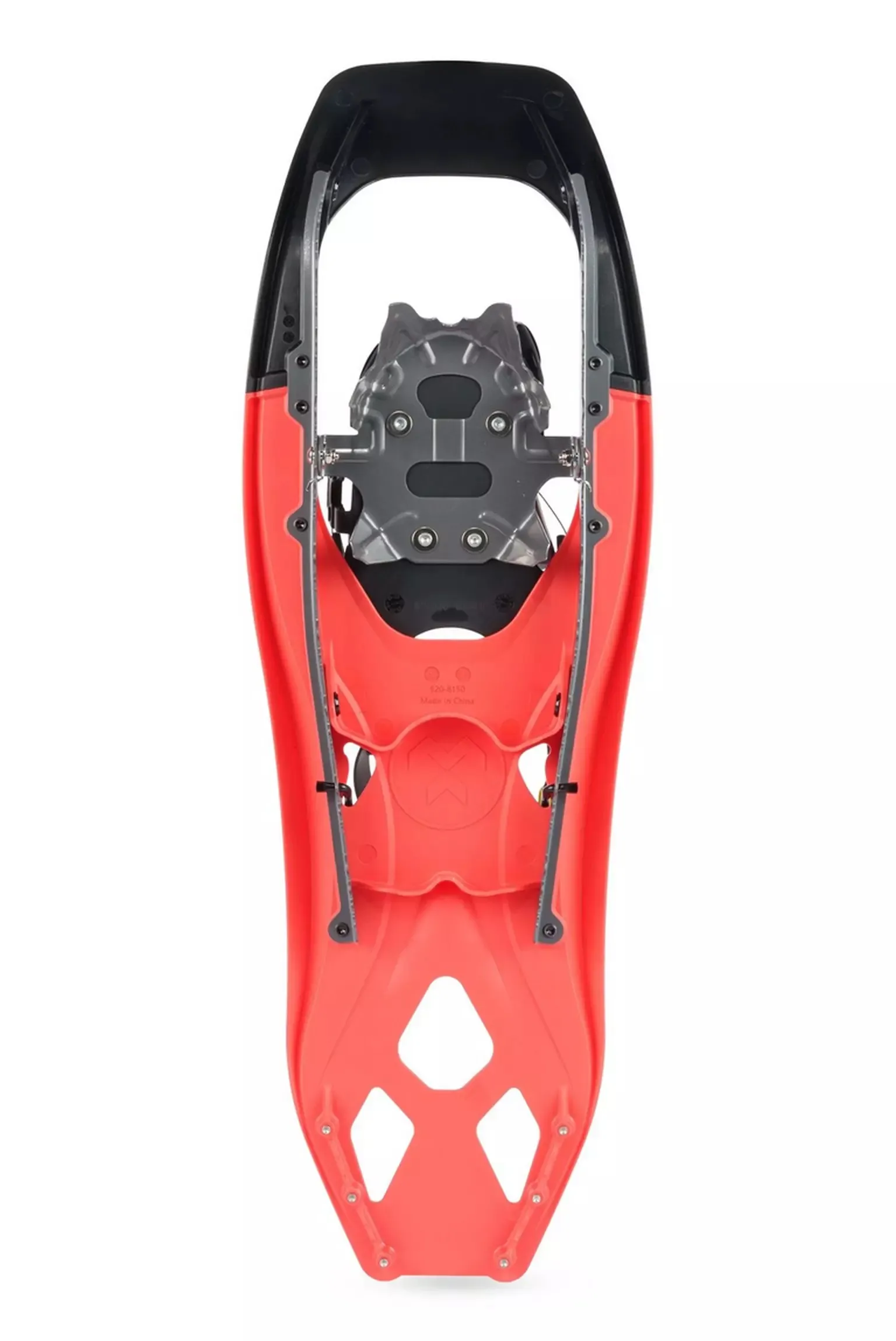 Vue de dessus d'une raquette à neige Tubbs VRT 21 pour femmes de couleur corail avec une fixation et un cadre noirs.