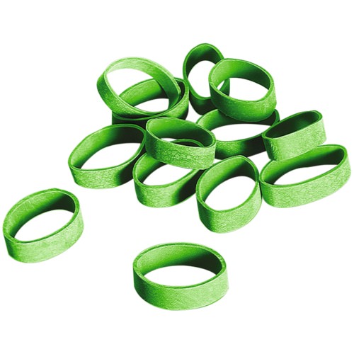 Grüne, kurze Spanngummis in ovaler Form, gestapelt auf weißem Grund.