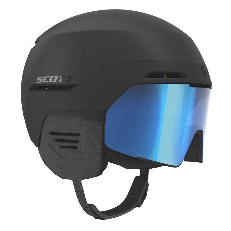 Casque de ski noir "Scott Blend Plus LS " avec écran bleu réfléchissant et coussinets pour les oreilles.