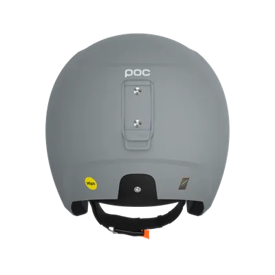 Casque de ski gris vu de l'arrière, avec sangle, autocollant MIPS et logo POC.
