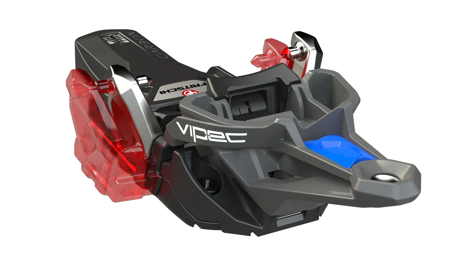 Detailaufnahme einer Fritschi Vipec Evo 12 Pin-Bindung, mit rotem Vorderbacken und grauem Gehäuse, isoliert auf weißem Hintergrund.