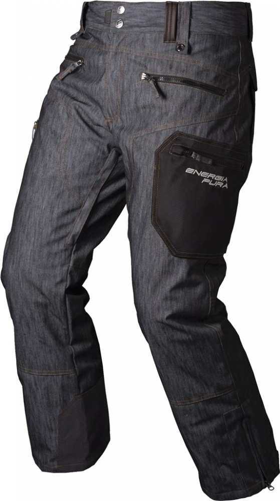 Graue Jeans mit Reißverschlüssen Graue Jeanshose mit dunklen Applikationen und mehreren Reißverschlüssen und Taschen.