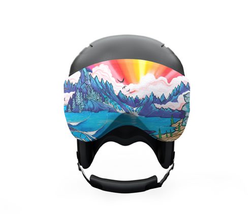 Helm mit Visorsoc: Landschaft mit Bergen, See, Sonnenstrahlen und Vögeln.