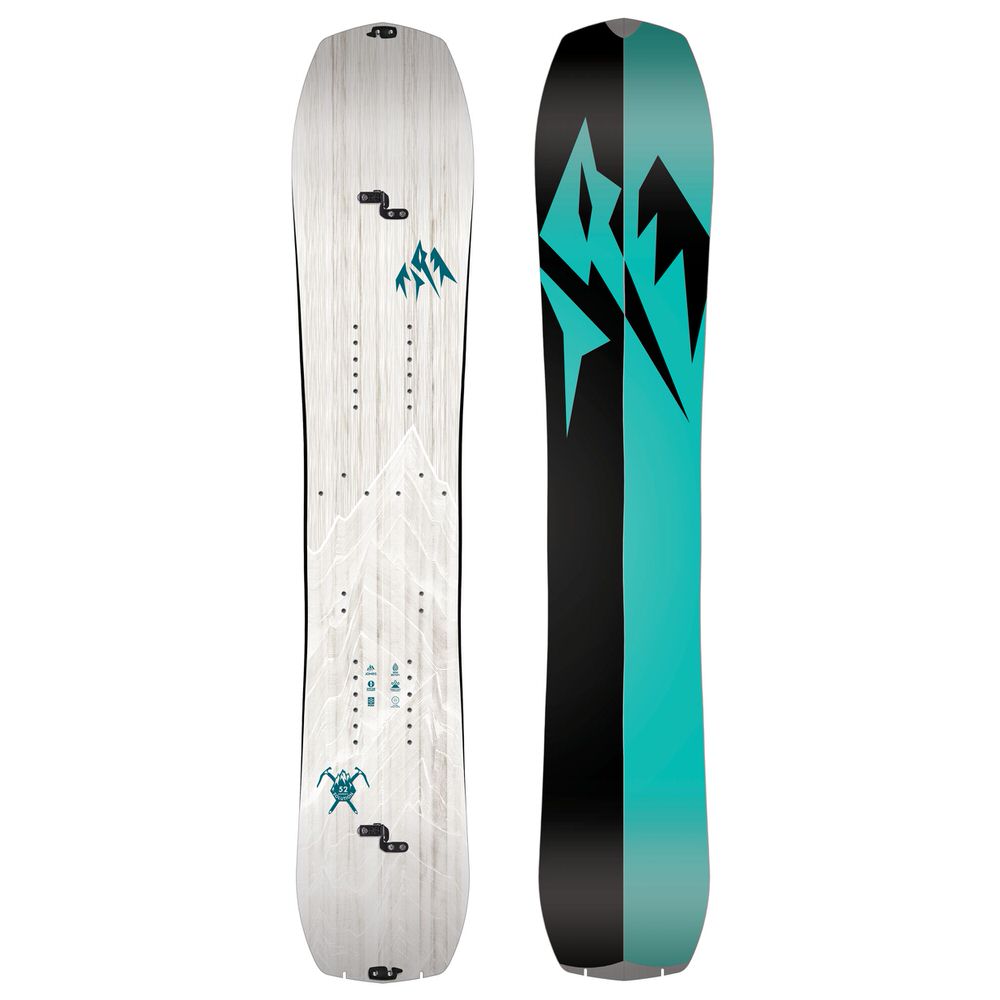 Jones Splitboards Damen Zwei Jones Womens Solution Splitboards: Weißes mit Bergmotiv, türkis-schwarzes mit Zackenmuster.