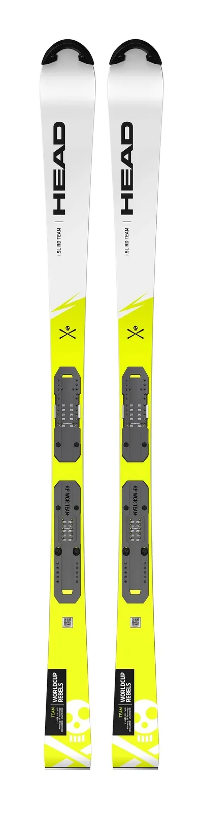 Zwei Ski der Marke HEAD, weiß und gelb, mit schwarzer Bindung, stehen aufrecht nebeneinander vor einem weißen Hintergrund.
