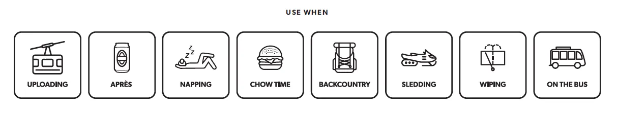 Pictograms: Gondola, drink, nap, burger, rucksack, sledge, windshield wiper, bus, instructions for use.