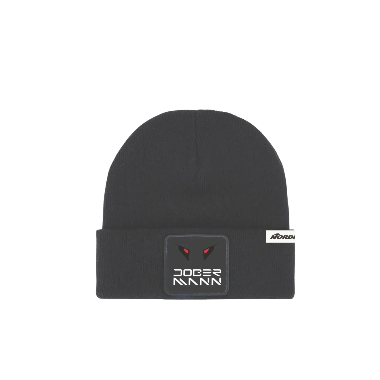 A black, knitted hat with a turned-up brim and a label with the word "Dobermann" and red eyes.