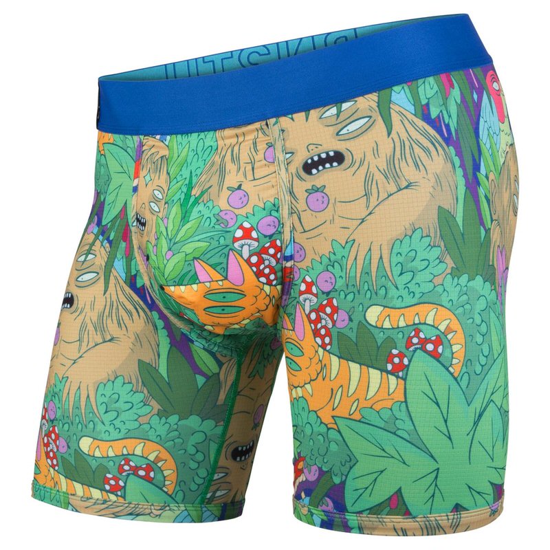 Boxer Brief "Lurking in the Jungle" mit blauem Bund und Dschungel-Muster mit Fantasiewesen und psychedelischen Elementen.