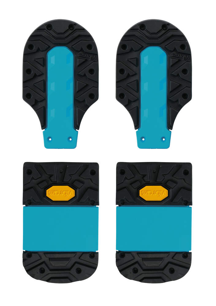 Zwei Paare von Vibram Sohlen Lifter, schwarz mit türkisen Akzenten, von oben fotografiert.