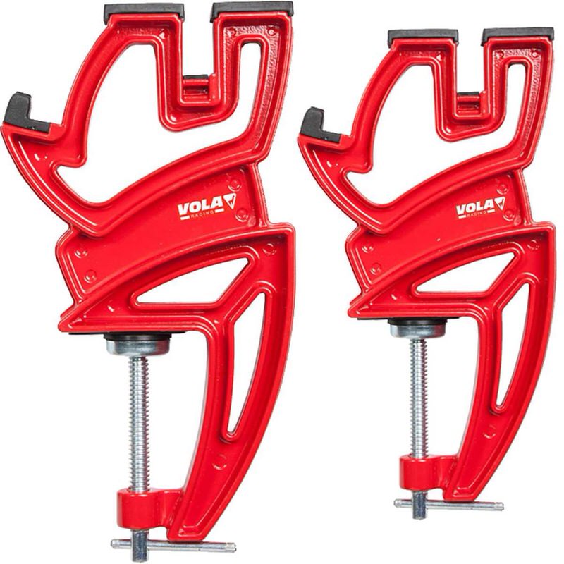 Zwei rote Vola Racing Ski Vise Sport mit Gewindespindel auf einem weißen Hintergrund.