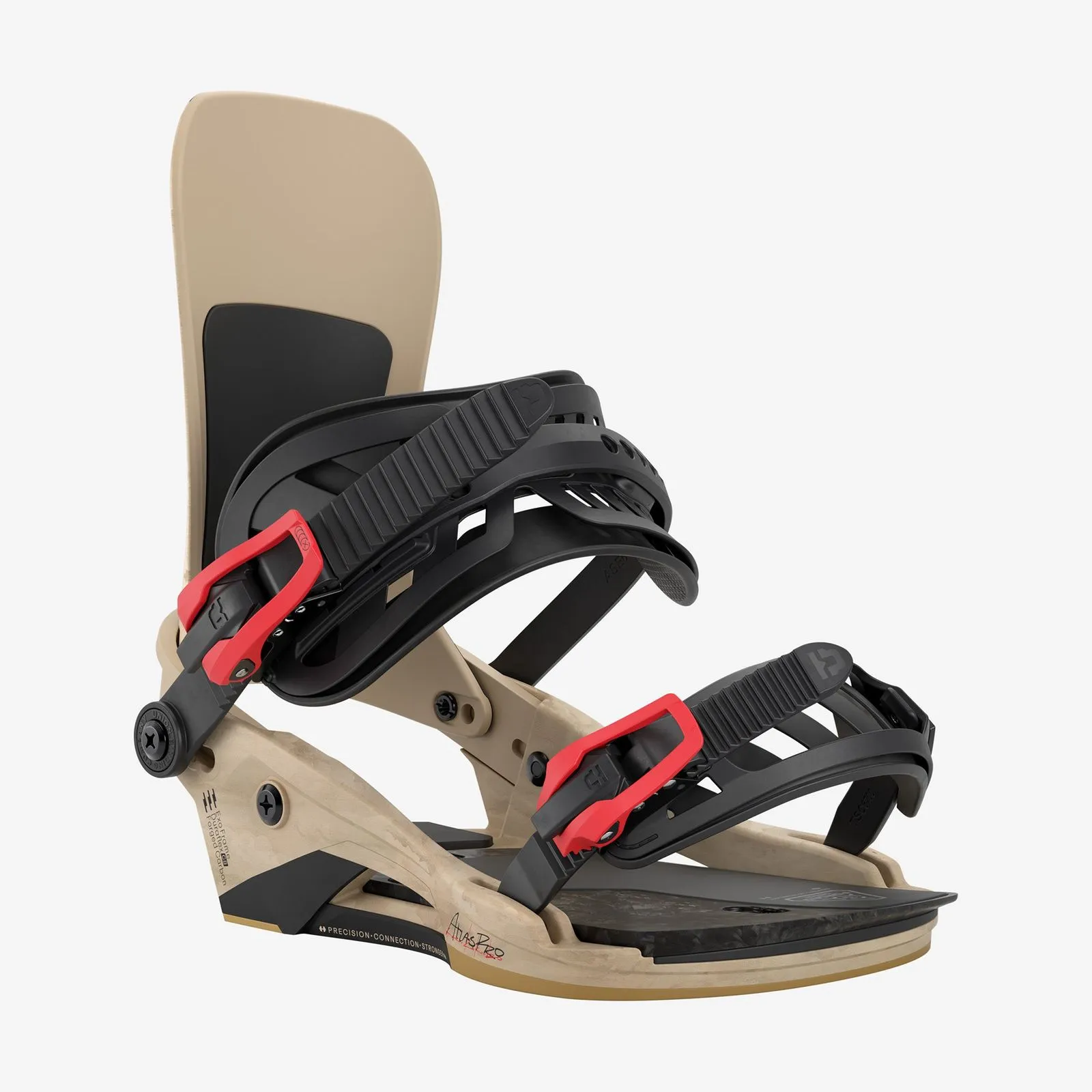 Detailaufnahme der Union Atlas Pro Kazu Kokubo Snowboardbindung in Beige, Schwarz und Rot.