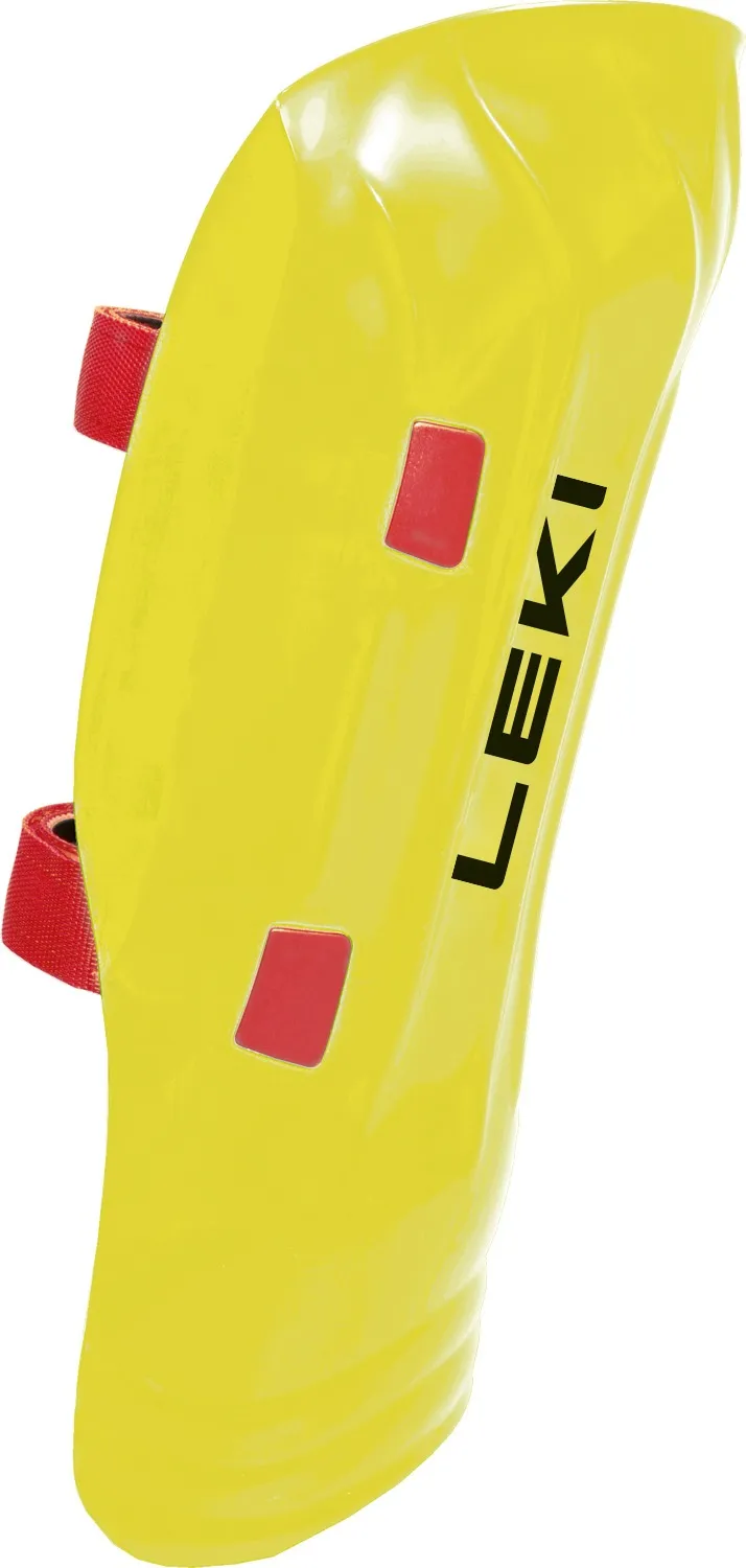 Neon yellow Leki shin guard with red Velcro fasteners and black logo.