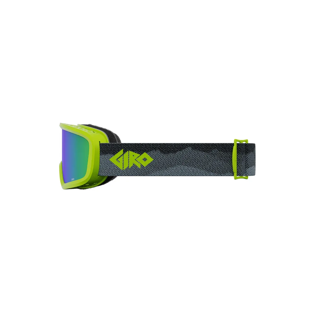 Lime Geo Camo Giro Chico 2.0 Skibrille, Seitenansicht. Das Band hat ein Camo-Muster und das Giro-Logo.