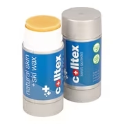 Zwei Colltex Skiwachs Stifte, einer geöffnet mit Wachs, blau-silberne Verpackung.